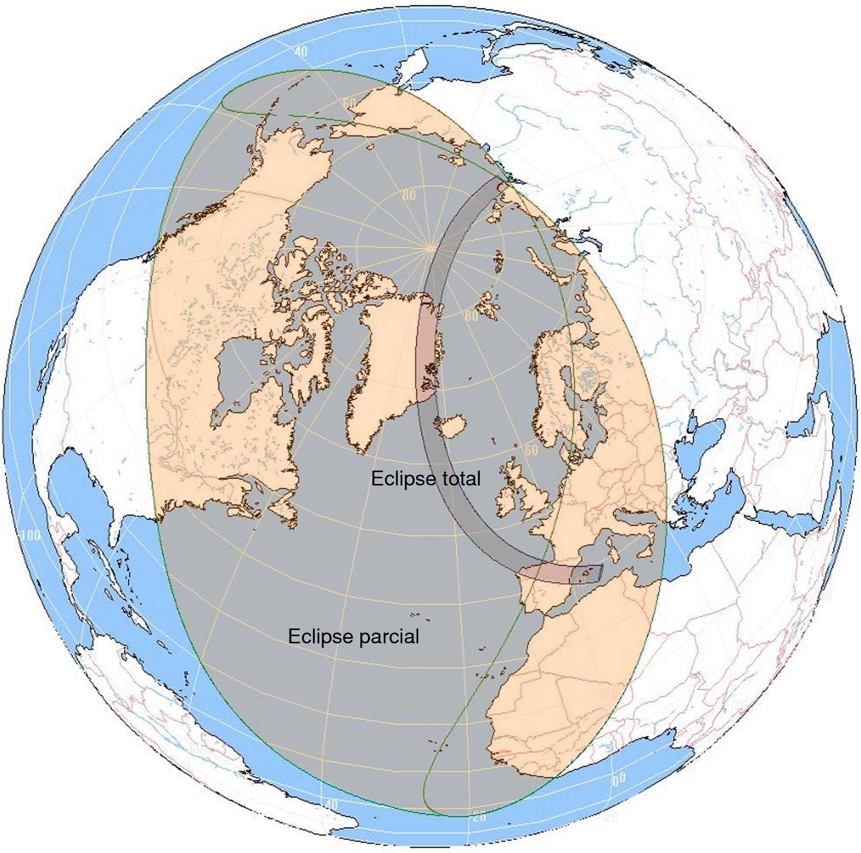 Región de la Tierra donde el eclipse del 12 de agosto de 2026 será visible